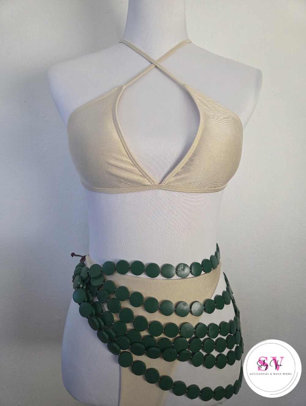 Green beaded wooden belt